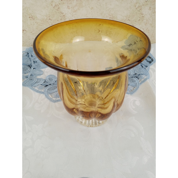 Blown Glass Compote Bowl/Candle Holder Amber Ribbed Bowl and Clear Pedestal 6" - Picture 2 of 6